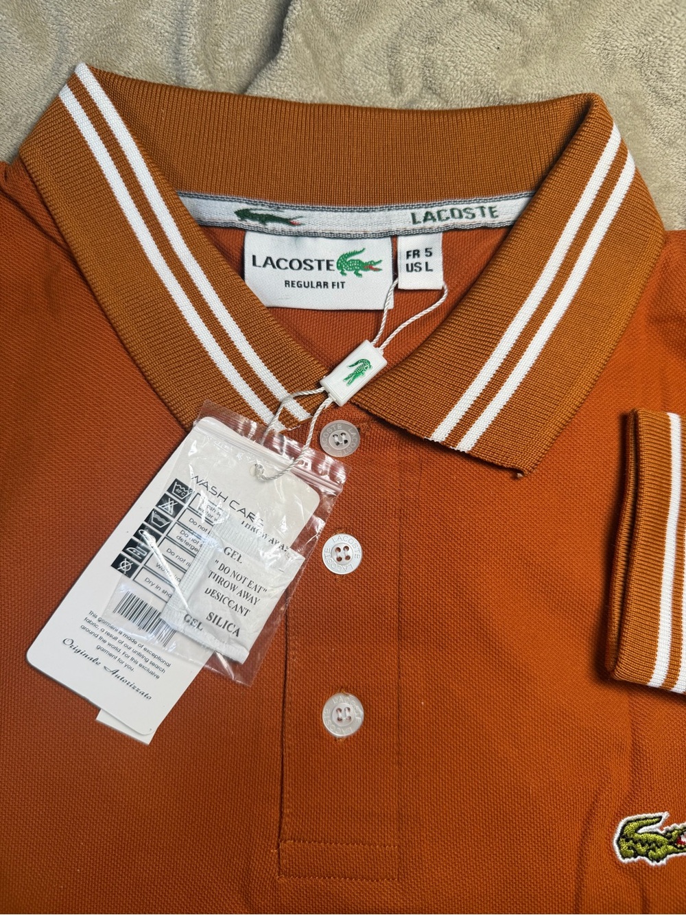 Lacoste Mens Rust Orange Long Sleeve Polo with Striped Collar - Picture 3 of 8